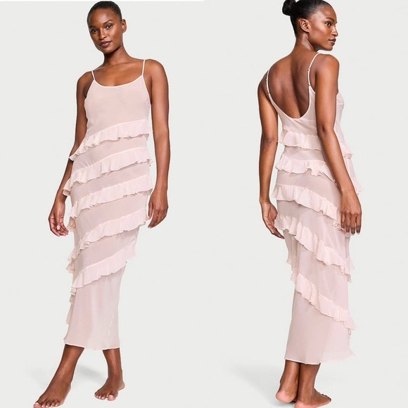 Vintage Victoria’s Secret ruffles chiffon long slip dress in ballet pink‎ M - Picture 1 of 5